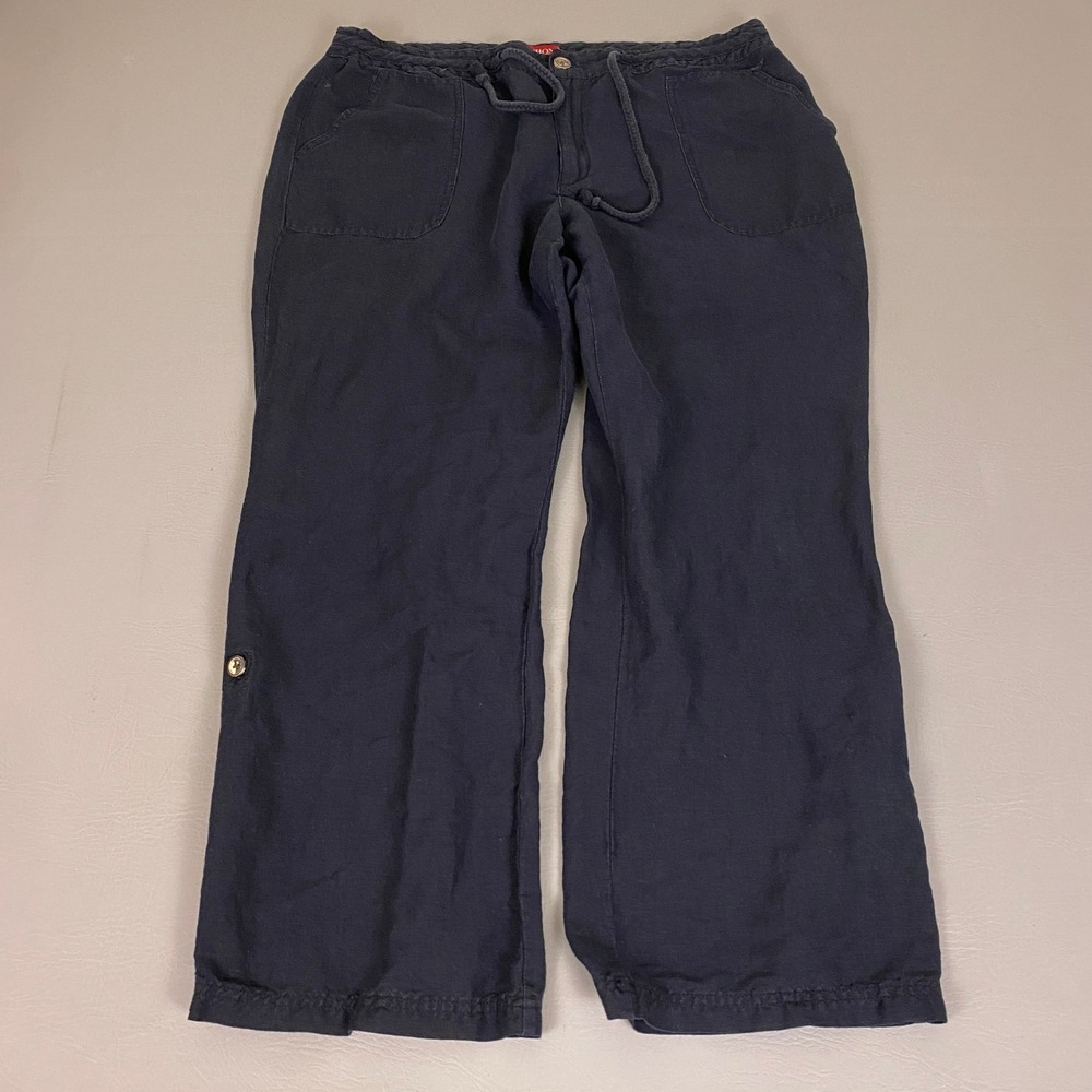 Merona Linen Pants Wide Leg Womens Size XL Crop Navy Blue Rayon Blend Drawstring